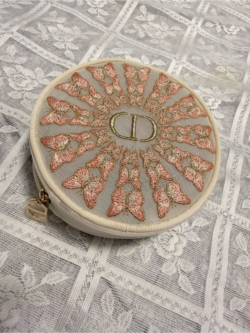Dior Embroidered Round Cosmetic Pouch - Pink & Cream